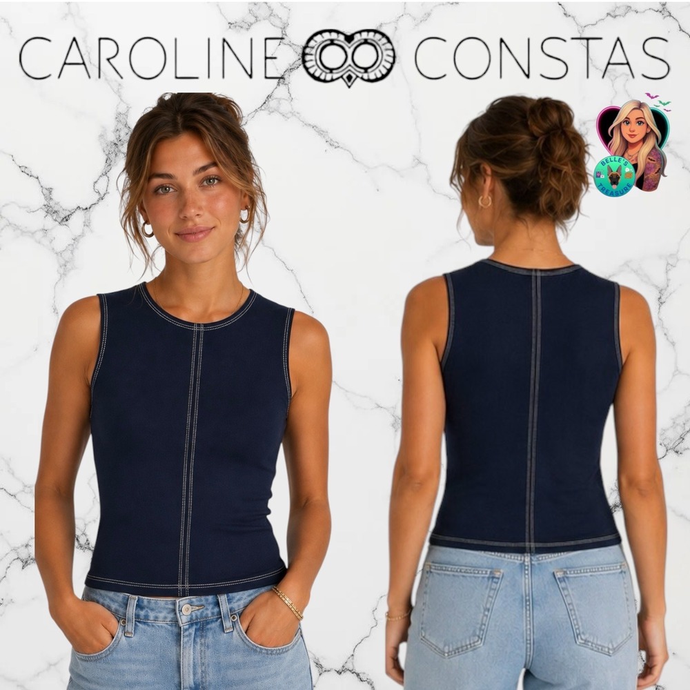 Caroline Constas Navy Blue Contrast Stitch Sleeveless Ponte Tank Top Women Small